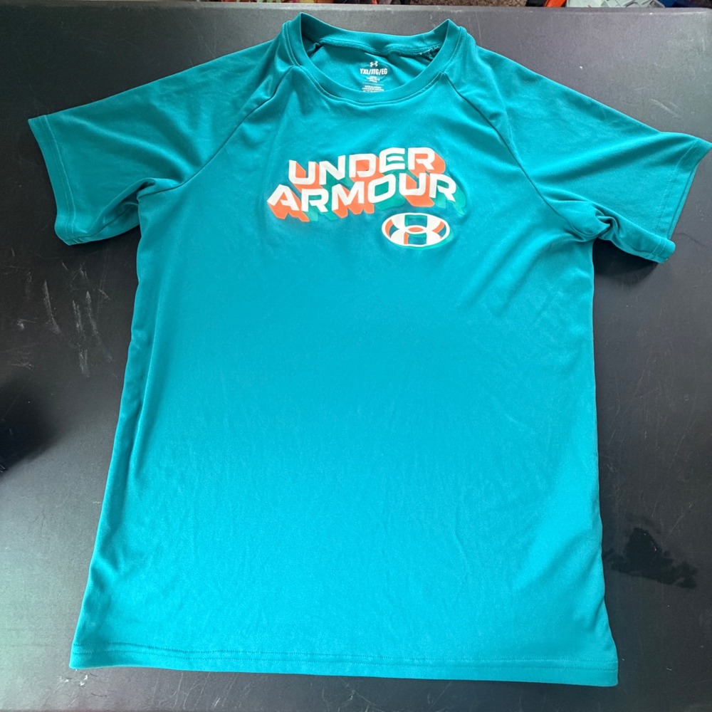 Under Armour Graphic T Shirt Kids YXL Teal Stretch Sporty School Athletic